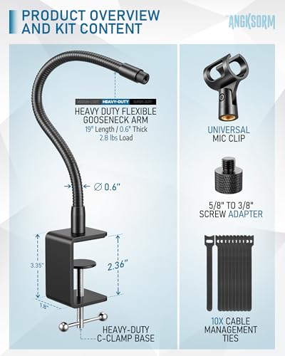 KC32 19-Inch Gooseneck Mic Stand, Heavy-Duty Desk Clamp for Podium | Flexible Arm Microphone Holder, Lectern Mount, 5/8-27 Thread, 3/8-16 Adapter, Mic Clip, Podcast, Pulpit, Studio, 2.8 lb Load - size: 19-INCH