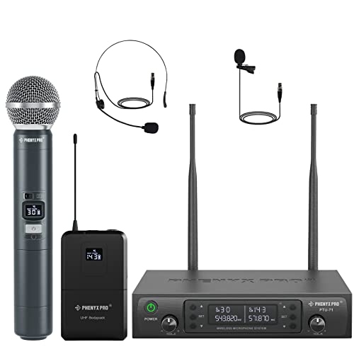 Phenyx Pro Wireless Microphone System, Dual Channel 100 UHF Metal Receiver, 328ft Range Auto Scan, Cordless Handheld & Bodypack & Lapel Mic Combo for Karaoke Church Speech PTU-71-1H1B | Quick IR Sync, Lapel Mic, 2 x 100 Frequencies, 328 ft Range, Karaoke,