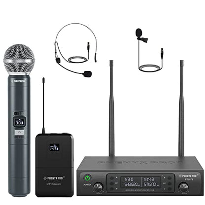 Phenyx Pro Wireless Microphone System, Dual Channel 100 UHF Metal Receiver, 328ft Range Auto Scan, Cordless Handheld & Bodypack & Lapel Mic Combo for Karaoke Church Speech PTU-71-1H1B | Quick IR Sync, Lapel Mic, 2 x 100 Frequencies, 328 ft Range, Karaoke,