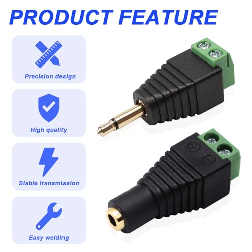 3.5mm Screw Terminal Gold Plated, 1/8" TS Mono Male to 2 Pin Screw Terminal with 1/8" TS Mono Female to 2 Pin Screw Terminal, Balun Solderless Converter with Screwdriver - color: 2Pin