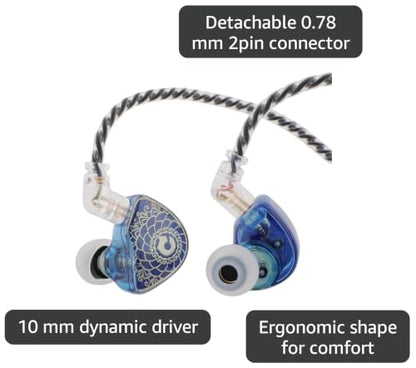 Linsoul TANGZU Wan’er S.G HiFi 10mm Dynamic Driver PET Diaphragm in-Ear Earphone with Ergonomic Shape, Detachable Recessed 2Pin OFC Braided Cable for Audiophile Musician DJ Stage(Blue, with Mic)