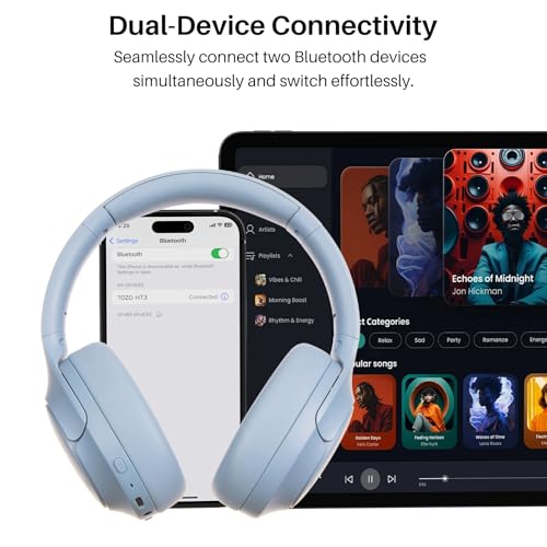 TOZO HT3 Hybrid Noise Cancelling Wireless Headphones, 90H Over Ear Headset | Hi Res Audio, AI Voice Assistant, Dual Device Connection, 32 Custom EQs, Built In 5 Mics, ANC, Foldable, Bluetooth 6.0 - color: Titanium Blue