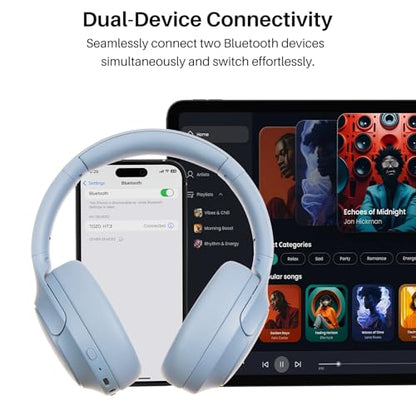 TOZO HT3 Hybrid Noise Cancelling Wireless Headphones, 90H Over Ear Headset | Hi Res Audio, AI Voice Assistant, Dual Device Connection, 32 Custom EQs, Built In 5 Mics, ANC, Foldable, Bluetooth 6.0 - color: Titanium Blue