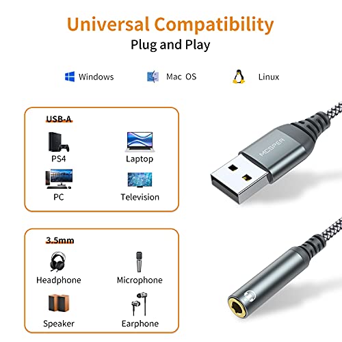 USB to 3.5mm Jack Audio Adapter,External Sound Card USB-A to Audio Jack Adapter with Aux Stereo Converter Compatible with Headset,PC Windows,Laptop Mac, Desktops, Linux, PS4 and More Device (Grey)