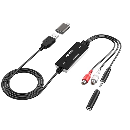 USB 2.0 Audio Grabber with USB-C Adapter – Analog to Digital Converter, Dual RCA/3.5mm Inputs, Vinyl/Cassette to MP3 USB Capture Card for PC/Mac/Linux
