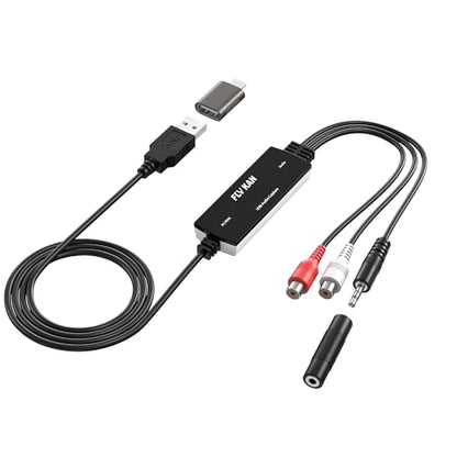 USB 2.0 Audio Grabber with USB-C Adapter – Analog to Digital Converter, Dual RCA/3.5mm Inputs, Vinyl/Cassette to MP3 USB Capture Card for PC/Mac/Linux