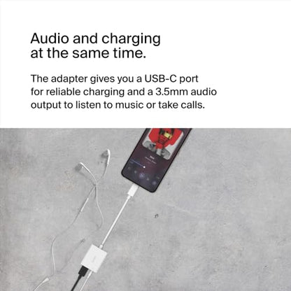 Belkin Rockstar 3.5mm Audio Adapter with USB-C Charge, White | Headphone jack plus USB-C charging pass-through, compatible with iPad Pro, Galaxy, Pixel, LG, Sony Xperia, OnePlus - color: White, size: USB-C, style: 3.5MM AUX Audio + USB-C Charge