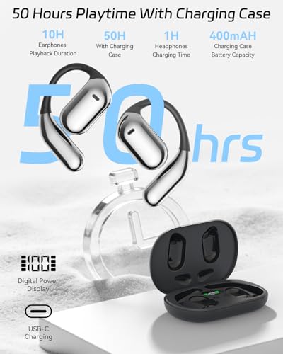 SANOTO Open Ear Earbuds, Bluetooth Headphones with Smart Digital Display, Open Ear Headphones with Ear Hooks, 50H Playtime, Touch Control, ENC Mic, Wireless Earbuds for Workout Travel Working