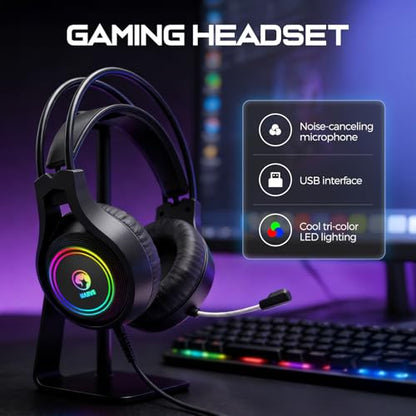 MARVO H8921 Gaming Headset with Mic, Wired Headphones Over Ear, USB Headset with Surround Sound, Noise Canceling Gaming Headphones for PC, PS4/PS5