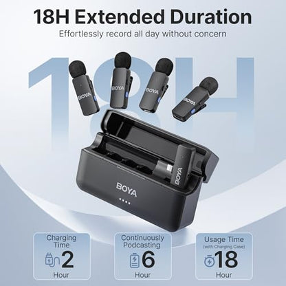 BOYA BY-V4D Wireless Lavalier Microphone for iPhone iPad with Charging case, 18H Battery Life, 650ft Range, 4-Channel Omnidirectional Noise Canceling Lapel Mics for Video Recording Interview Vlog - size: 4TX+Lightning RX+1CC