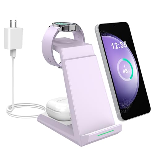 NANAMI 3 in 1 Wireless Charger for Samsung Multiple Devices | Phone and Watch Charging Station for Samsung Galaxy S26 S25 S24, Charger for Galaxy Watch 8/7/6/5/4/3, Galaxy Buds Pro - color: Purple