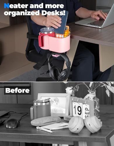 KEMIMOTO 3-in-1 Desk Cup Holder and Headphone Hanger, Fits 18-32 oz Cups - color: Pink