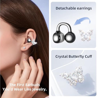 Kinglucky Gen2 Clip-On Earbuds with Butterfly Earrings, Black | Charge & Store Without Removing Earrings, Comfortable Fit, 50H Playtime, Open-Ear Bluetooth Headphones, For Women, Small Ears - color: Black