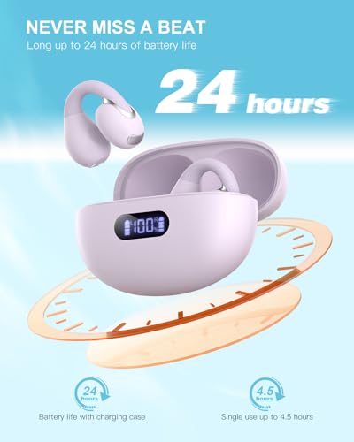Jzones Open Ear Clip Wireless Earbuds Bluetooth 5.4, Lightweight Comfort Sports Bone Conduction Headphones Built-in Mic for Clear Audio, Stable Fit Earphones 24H Play-Purple - color: Purple