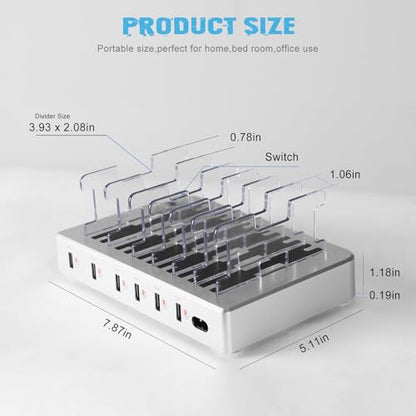 Charging Station for Multiple Devices, 6 Ports Multi Devices USB Charger Fast Cell Phone Charging Station for iPhone iPad Tablet (Silver, 6 Mixed Cables Included)