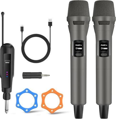 Aveek Wireless Microphone 2-Pack, 100ft Range,10Hs Battery for Karaoke - color: Gray