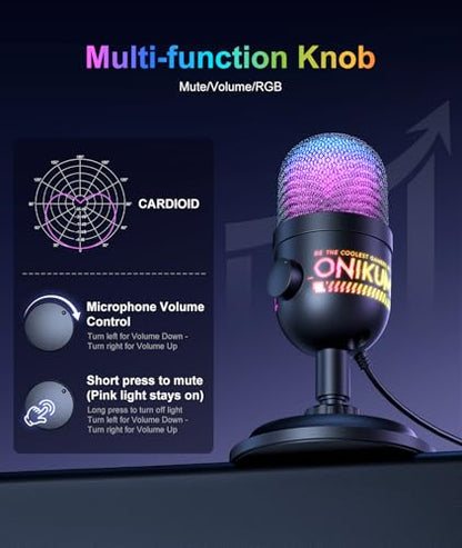 USB Gaming Microphone, RGB Condenser Mic for PC PS4 PS5 Mac, Plug & Play, Tap to Mute, Gain Control, Zero-Latency Monitoring for Streaming Podcasting Recording