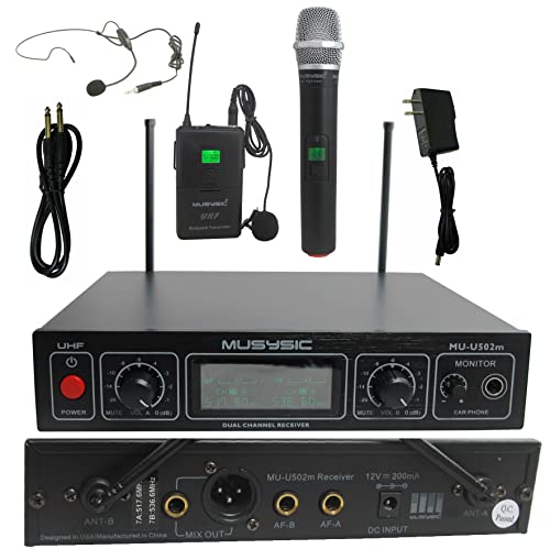 MUSYSIC Professional Dual Channel UHF Wireless Microphone System | MU-U502m-HL with Handheld & Lapel Lavalier Headset Microphone & Monitor Output (FCC Compliance) (1 Bodypack + 1 Handheld Mic) - size: 1 Bodypack + 1 Handheld Mic