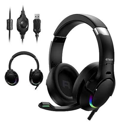 EG80 USB Gaming Headset with Noise Cancelling Microphone,7.1 Surround Sound,Soft Memory Foam Padding, RGB Lights, Wired Headphones for PS4, PS5 Console, Laptop, Call Center