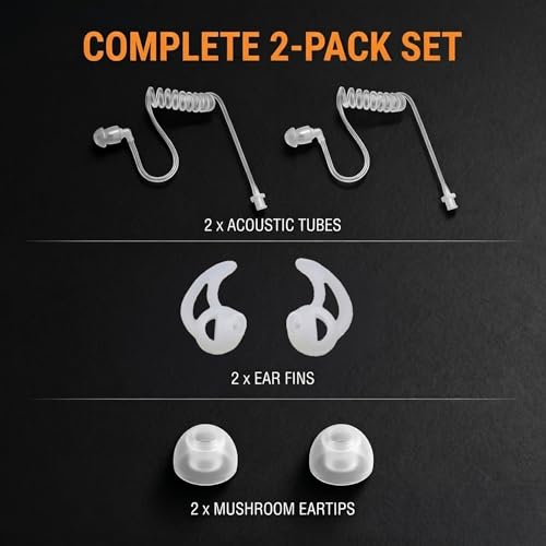 2 Pack Clear Acoustic Tube Replacement with Ear Fins Earmold | Two-Way Radio Police Earpiece Accessories, Soft Silicone Fins Anti-Slip Ear Mold Stable Fit - color: Clear