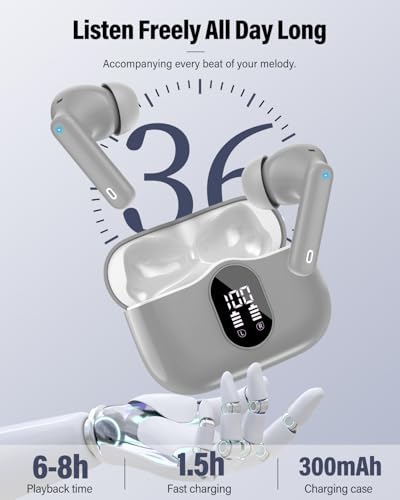 Btootos Wireless Earbuds, Bluetooth 5.4 Headphones Bass Stereo, Ear Buds with Noise Cancelling Mic, IP7 Waterproof in Ear Earphones, 36H LED Display Bluetooth Earbuds for Laptop Pad Phones, Fog Gray | Ear Buds with Noise Cancelling Mic LED Display, 36H, I