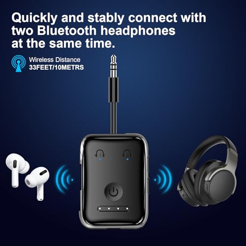Premium Bluetooth 5.4 Airplane Audio Adapter, 30Hrs Playtime, aptX Adaptive & HD Audio Transmitter for AirPods/Bose, Supports 2 Headphones for Travel Flight & TV - color: Black