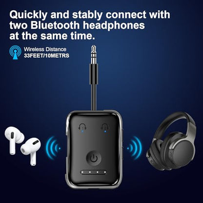 Premium Bluetooth 5.4 Airplane Audio Adapter, 30Hrs Playtime, aptX Adaptive & HD Audio Transmitter for AirPods/Bose, Supports 2 Headphones for Travel Flight & TV - color: Black