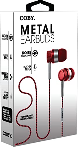 COBY Noise Isolating Metal Wired Earbuds| Wired Headphones w/Tangle Free Braided Wire |Built-in Microphone for Ear Buds| Noise Canceling Headphones w/ 3.5mm AUX| S/M/L Comfort Ear Gels| Red - color: Red