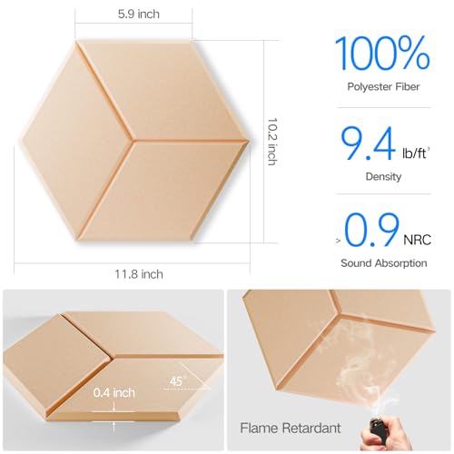 12 Pack Self-Adhesive Acoustic Panels 12" X 10" X 0.4" - Sound Proof Foam Panels with High Density, Y-Lined Design, Flame Resistant, Absorb Noise and Eliminate Echoes(Light Apricot) - color: Light Apricot, size: Y-Cut Hexagon 12 Pack