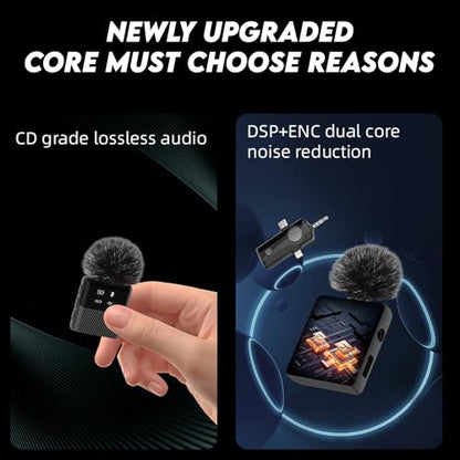 3 in 1 Dual Wireless Lavalier Mic System for iPhone and USB-C Android, Plug & Play, Noise Reduction, 30M Range, for Creators, Interviews & Live Streaming | Plug and play, noise reduction, two mics with compact receiver, for interviews, live streaming, pod