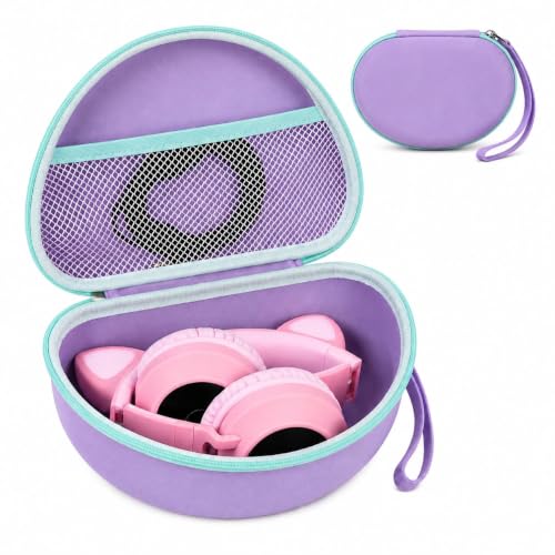 Headphone Case for Riwbox CT-7 Pink/for Jack CT-7S Cat Green 3.5mm/ for iClever IC-HS01/for Picun/for FosPower Bluetooth Wireless Over-Ear Headphones Headset Box Only,Purple | Headphone case for kids, hard EVA shell, mesh pocket, fits cat-ear over-ear mod