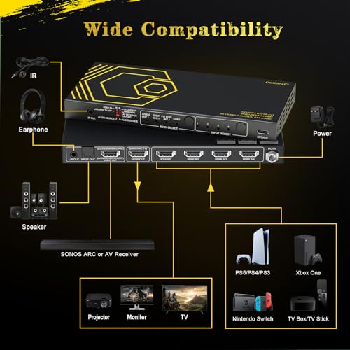 8K@60Hz 4K@120Hz HDMI2.1 Switch 4 in 1 Out with eARC,ARC Audio Extractor,7.1Ch,SPDIF 5.1Ch,48Gbps,HDCP2.3 Bypass,VRR,IR,3D,HDR 10,Dolby Atmos,Compatible with QLED TV,PS5,Xbox,Sonos Soundbar,Apple TV