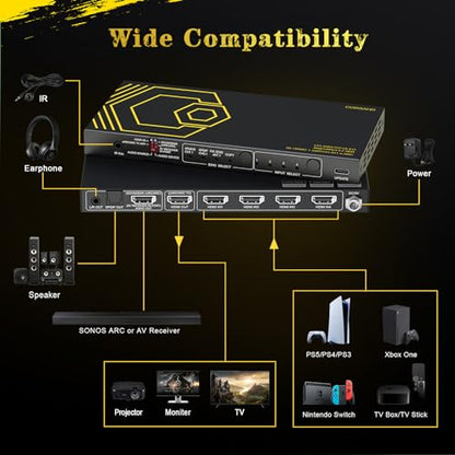 8K@60Hz 4K@120Hz HDMI2.1 Switch 4 in 1 Out with eARC,ARC Audio Extractor,7.1Ch,SPDIF 5.1Ch,48Gbps,HDCP2.3 Bypass,VRR,IR,3D,HDR 10,Dolby Atmos,Compatible with QLED TV,PS5,Xbox,Sonos Soundbar,Apple TV