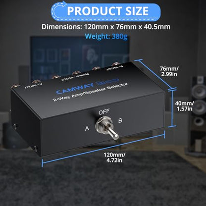 CAMWAY 2-Way Amplifier Speaker Selector Switch Box,Connect 2 Amps to 1 Speaker Pair or 1 Amp to 2 Speaker Pairs, A/B/Off No Need Power,Amp Speaker Switcher for Home Party Garage Music Studio Audio - size: 4.7x3inch