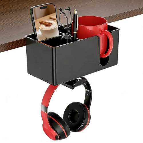 Desk Cup Holder Clamp, Clip On Drink Holder with Rotating Headphone Hanger | 4 in 1 Anti-Spill Desktop Organizer Pen Holder for Mug, Pen, Phone, Gaming Office Desk Accessories - color: Detachable Desk Cup Holder