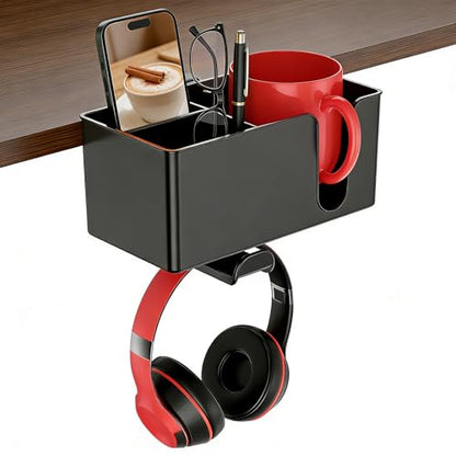 Desk Cup Holder Clamp, Clip On Drink Holder with Rotating Headphone Hanger | 4 in 1 Anti-Spill Desktop Organizer Pen Holder for Mug, Pen, Phone, Gaming Office Desk Accessories - color: Detachable Desk Cup Holder