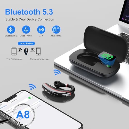 Bluetooth Headset,Wireless Bluetooth Earpiece,Headphones for Work | 15g Ultralight,500mAh Charging Case,72H Playtime for Work,V5.3 Hand-Free Comfortable Fit with Mic for Trucker/Office