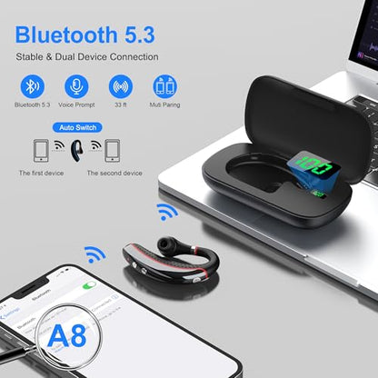Bluetooth Headset,Wireless Bluetooth Earpiece,Headphones for Work | 15g Ultralight,500mAh Charging Case,72H Playtime for Work,V5.3 Hand-Free Comfortable Fit with Mic for Trucker/Office