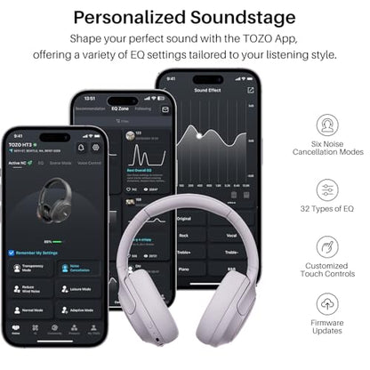 TOZO HT3 Hybrid Noise Cancelling Wireless Headphones, 90H Over Ear Headset | Hi Res Audio, AI Voice Assistant, Dual Device Connection, 32 Custom EQs, Built In 5 Mics, ANC, Foldable, Bluetooth 6.0 - color: Light Purple