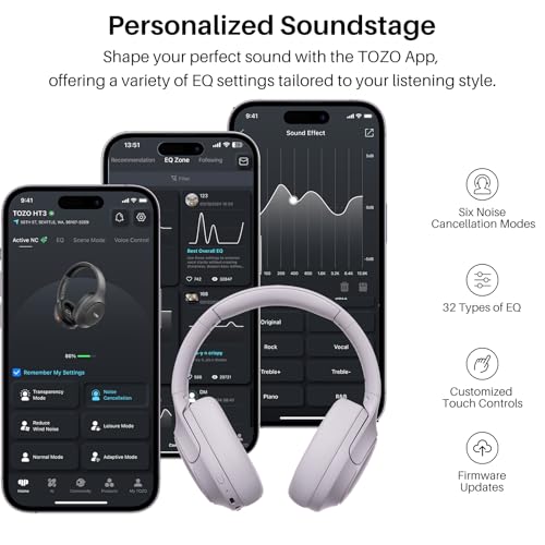 TOZO HT3 Hybrid Noise Cancelling Wireless Headphones, 90H Over Ear Headset | Hi Res Audio, AI Voice Assistant, Dual Device Connection, 32 Custom EQs, Built In 5 Mics, ANC, Foldable with Case - color: Purple