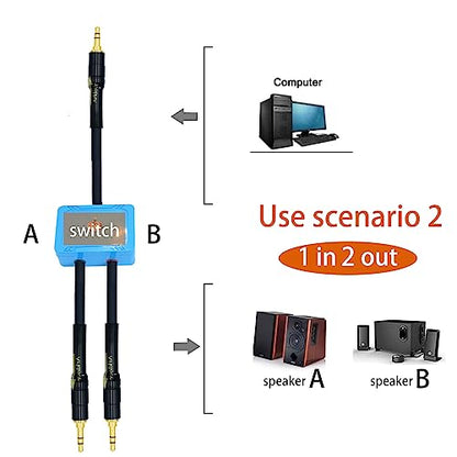 Arklove 3ft Sound Channel swicher 1/8" aux Input 3.5mm 2X 3.5 Output Switch Selector 2 in 1 Out R/L Stereo Audio 1 in 2 Out Stereo Audio Splitter with Phone pc Player - size: 3ft, style: 3.5mm switch selector