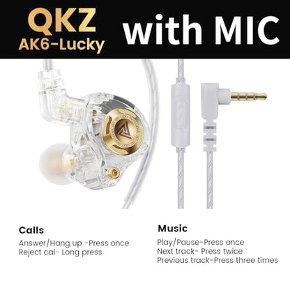 Qkz Ak6 Lucky in Ear Monitor, HiFi Wired Earbuds, Tunable Sound Wired Headphones Gaming Earbuds with 3-Level Adjusting Switch, Detachable Cable for Music Gaming Video Calling (White) - color: White