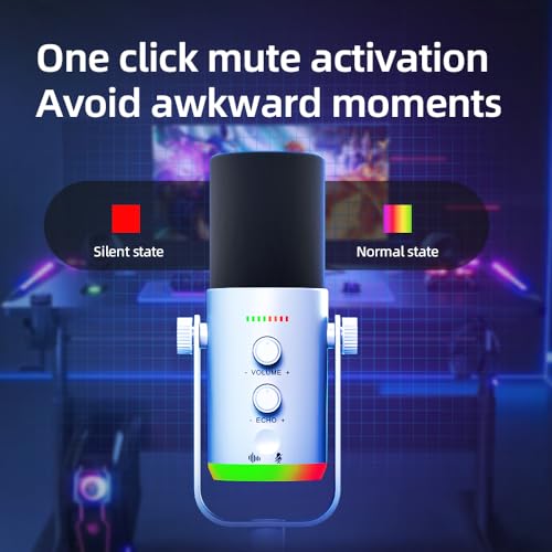 USB/XLR Desktop Dynamic Microphone with RGB Lighting, Noise Reduction, Mute Button & Headphone Jack - Podcast, Gaming, Streaming Mic for PC & Computer (White) - color: White