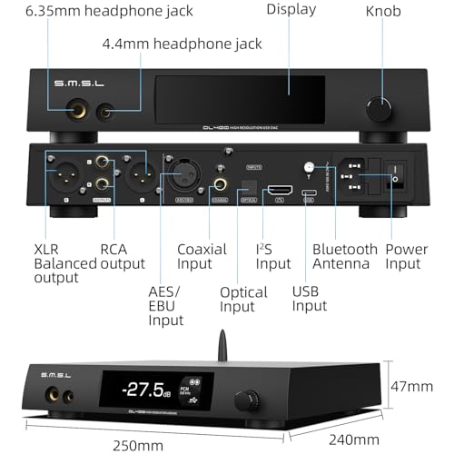 SMSL DL400 Audio Decoder Headphone Amplifier 6.35mm+4.4mm Headphone Output XLR Balanced+RCA Output I²S Audio Interface True Balanced Headphone Amplifier 8 Filters