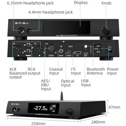 SMSL DL400 Audio Decoder Headphone Amplifier 6.35mm+4.4mm Headphone Output XLR Balanced+RCA Output I²S Audio Interface True Balanced Headphone Amplifier 8 Filters