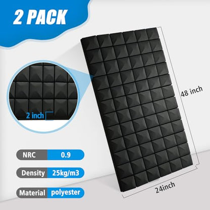2 Pack Acoustic Foam Panels, 48 x 24 x 2" Sound Proof Foam Panels for Walls | High Density Fire Resistant Soundproof Wall Foam, Noise Cancelling Panels for Recording Studio & Home Office - size: 2 Pack