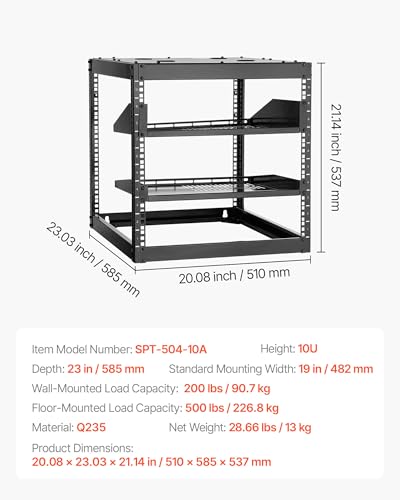 VEVOR 10U Server Rack, Open Frame Network Rack,4-Post Floor Standing or Wall Mounted, Includes 2PCS Vented 1U Rack Shelves & Mounting Hardware, Computer Wall Rack for 19" IT/AV Equipment - size: 10U Server Rack