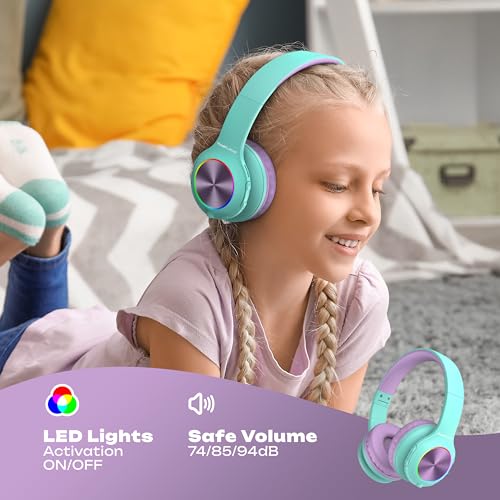 PowerLocus PLED Kids Bluetooth Headphones, Kids Wireless Headphones with LED Lights, 74/85/94dB Safe Volume, Micro SD, AUX Cable, Hi-Fi Stereo, Built-in Mic Over Ear Kid Headphone for Travel/Tablet/PC - color: Teal/Purple