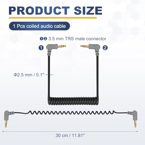 3.5mm TRS to TRS Patch Cable Cord Wire, Angle-Angle Microphone Patch Cable Coiled Retractable Adapter for Video Mic DSLR Camera PC, Black(3-Pole to 3-Pole)