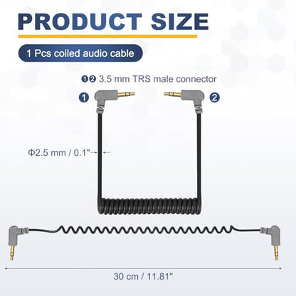 3.5mm TRS to TRS Patch Cable Cord Wire, Angle-Angle Microphone Patch Cable Coiled Retractable Adapter for Video Mic DSLR Camera PC, Black(3-Pole to 3-Pole)